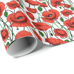 Red Poppies in a Field on White Wrapping Paper