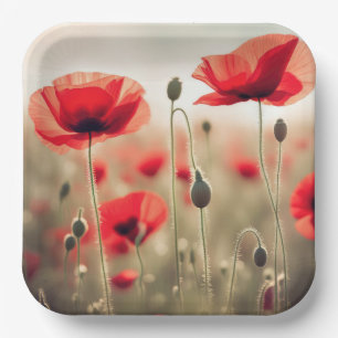 Red Poppies In a Field Paper Plate