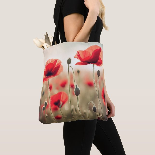 Red Poppies In a Field Tote Bag (Close Up)