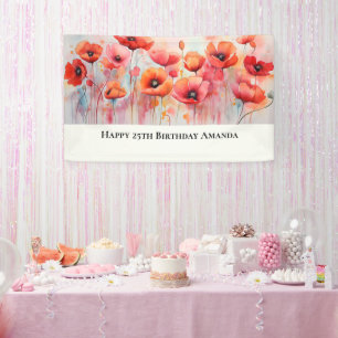 Red Poppies in a Field Watercolor Birthday Banner