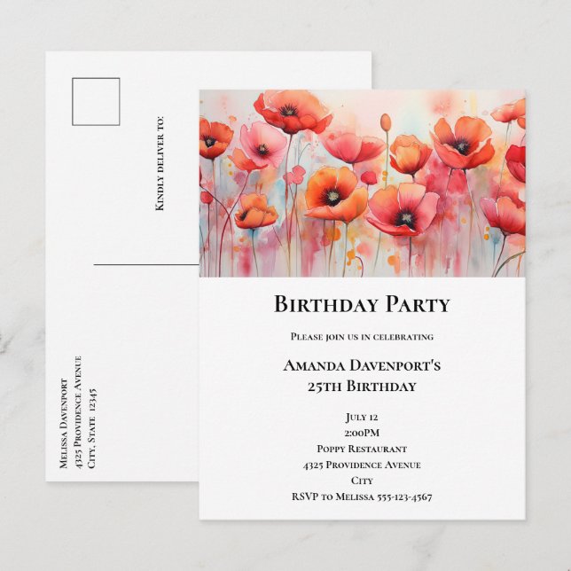Red Poppies in a Field Watercolor Birthday Invitation Postcard (Front/Back)