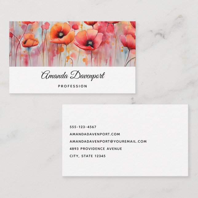 Red Poppies in a Field Watercolor Business Card (Front/Back)