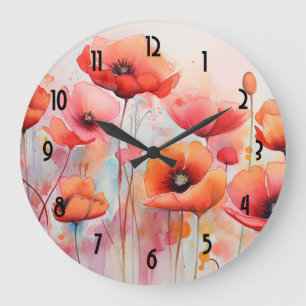 Red Poppies in a Field Watercolor Large Clock