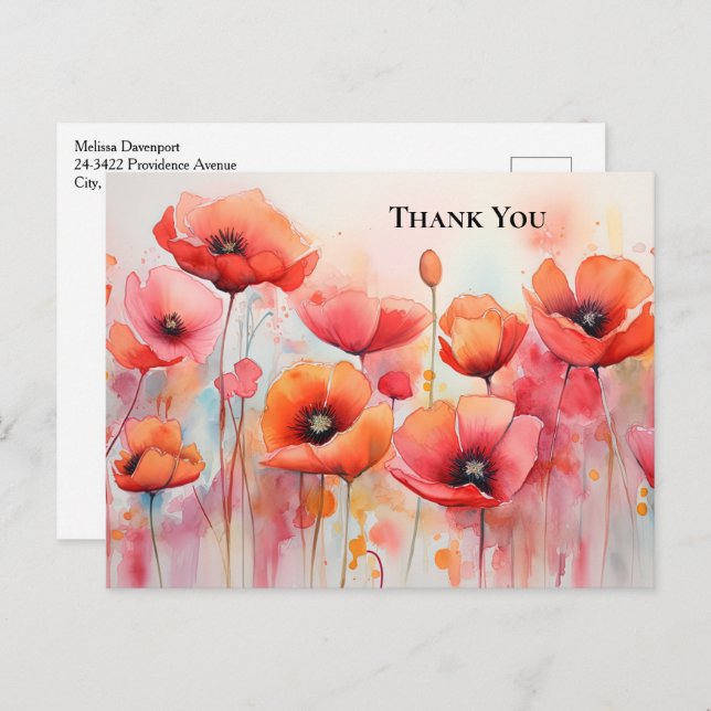 Red Poppies in a Field Watercolor Thank You Postcard (Front/Back)