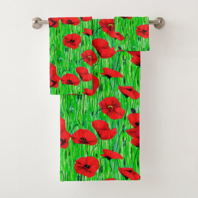 Red Poppies in a Green Field  Bath Towel Set (Insitu)