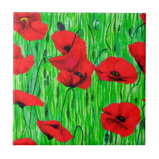 Red Poppies in a Green Field Ceramic Tile (Front)