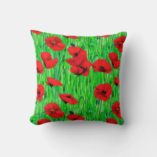 Red Poppies in a Green Field Cushion