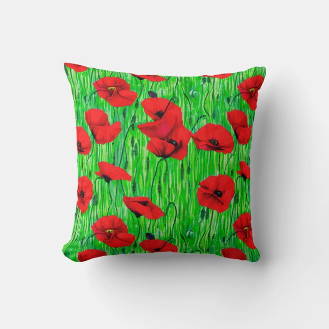 Red Poppies in a Green Field Cushion (Front)