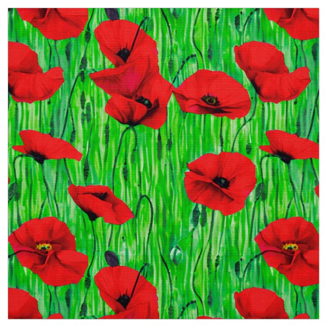 Red Poppies in a Green Field Fabric (Swatch)