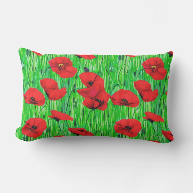 Red Poppies in a Green Field  Lumbar Cushion (Front)