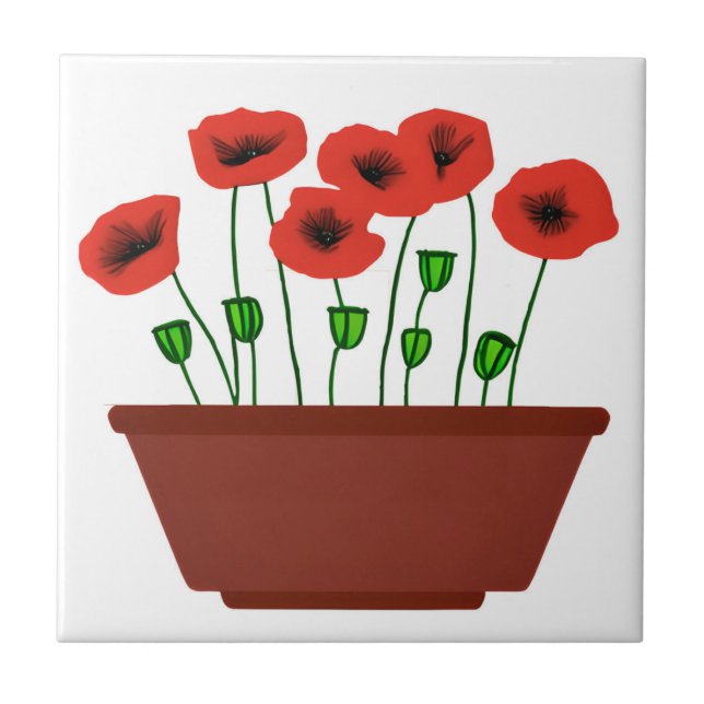 Red Poppies in a Terracotta Planter  Ceramic Tile (Front)