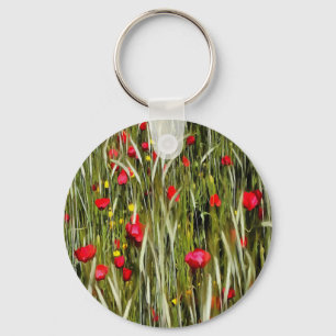 Red Poppies In A Wheatfield Painting Key Ring