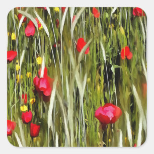 Red Poppies In A Wheatfield Painting Square Sticker