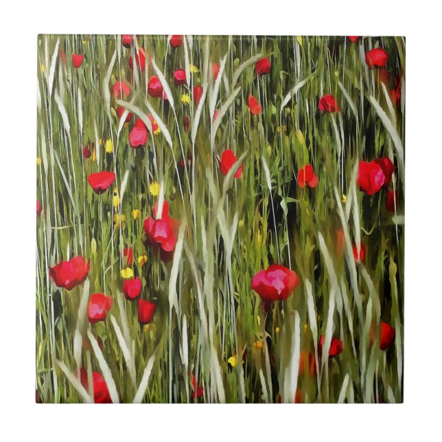 Red Poppies In A Wheatfield Painting Tile (Front)