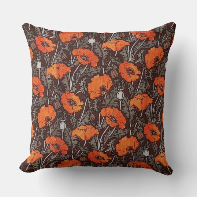 RED POPPIES IN BLACK WHITE Poppy Field Floral Cushion (Front)