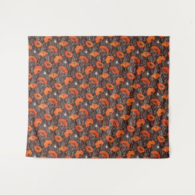 RED POPPIES IN BLACK WHITE Poppy Field Floral Tapestry (Front (Horizontal))
