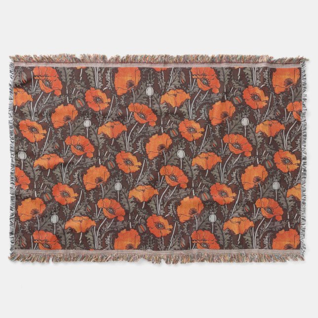 RED POPPIES IN BLACK WHITE Poppy Field Floral Throw Blanket (Front)