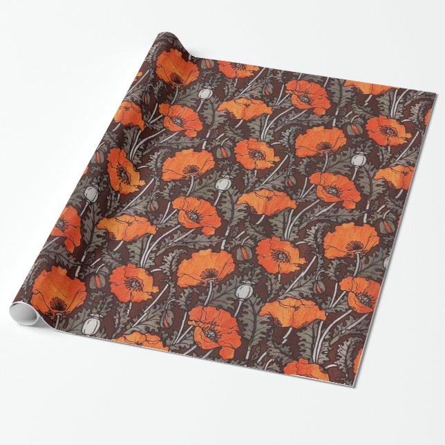 RED POPPIES IN BLACK WHITE Poppy Field Floral Wrapping Paper (Unrolled)