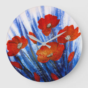 Red Poppies in Blue grass Large Clock