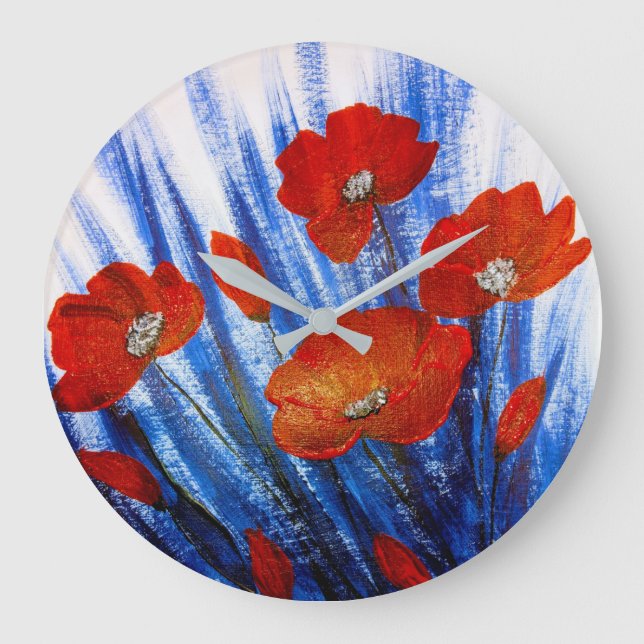 Red Poppies in Blue grass   Large Clock (Front)