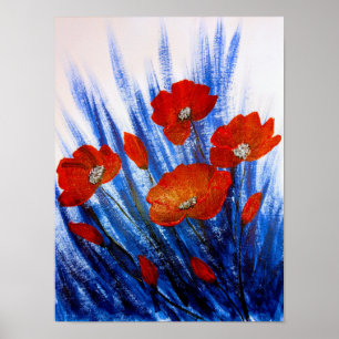 Red Poppies in Blue grass Poster