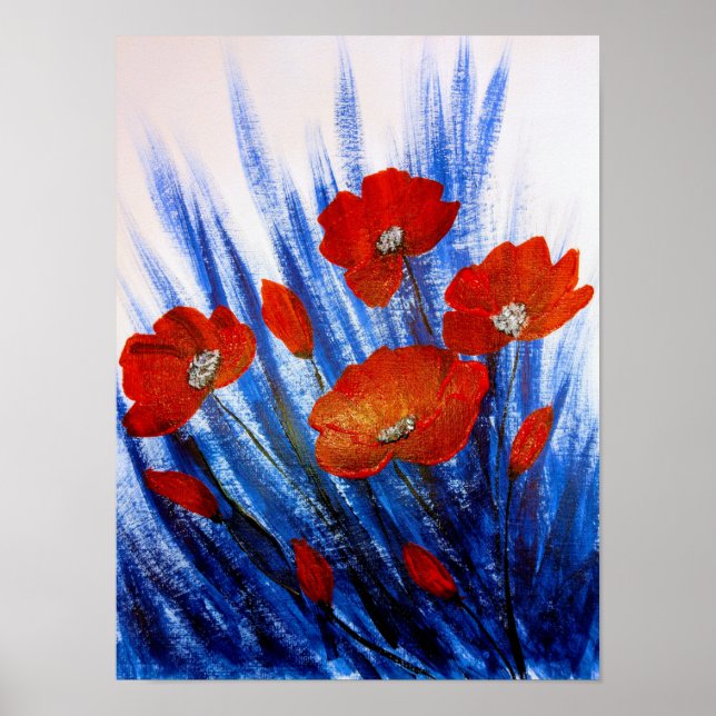 Red Poppies in Blue grass Poster (Front)