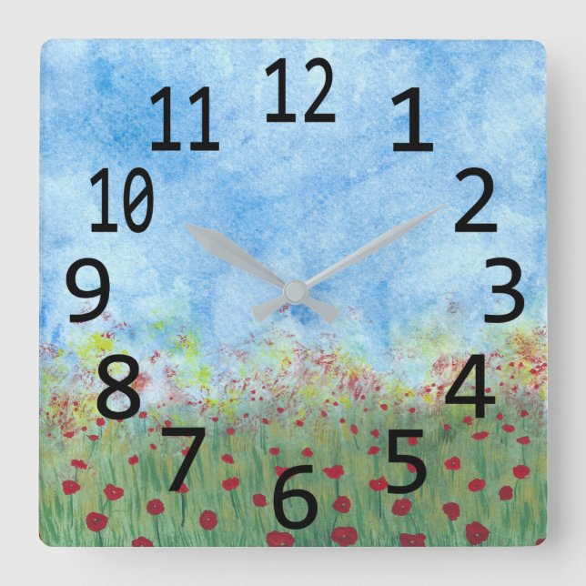 Red Poppies in Field Watercolor Painting Clocks (Front)