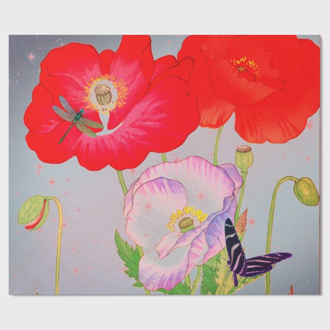 RED POPPIES JAPANESE COLLAGE Wrapping Paper (Flat)