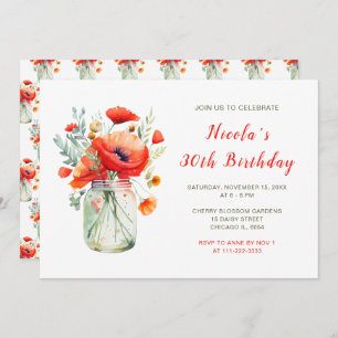 Red Poppies Mason Jar Birthday Party Invitation