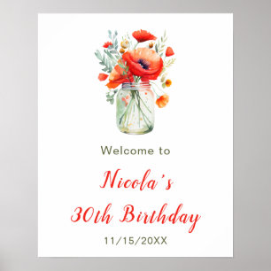 Red Poppies Mason Jar Birthday Welcome Poster