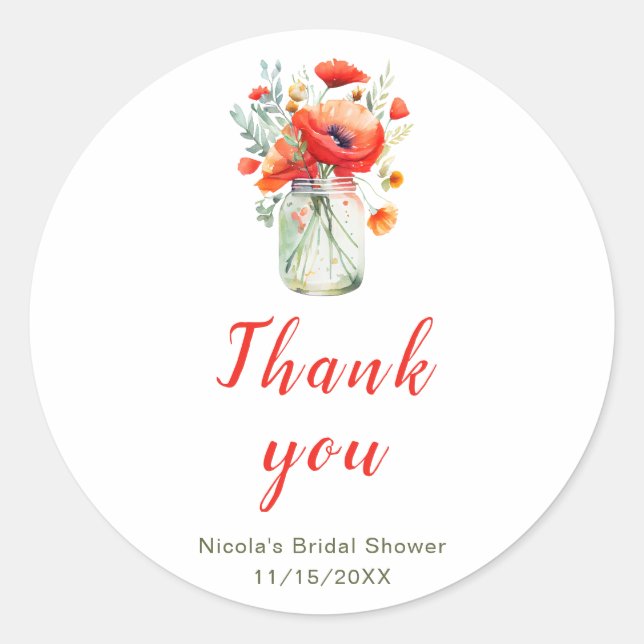Red Poppies Mason Jar Bridal Shower Classic Round Sticker (Front)