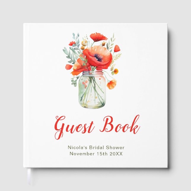 Red Poppies Mason Jar Bridal Shower Guest Book (Front)