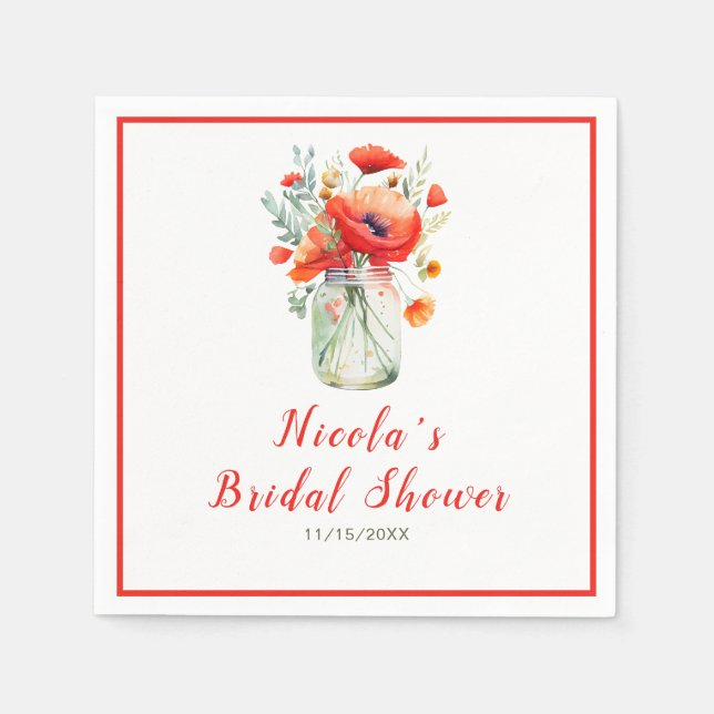 Red Poppies Mason Jar Bridal Shower Napkin (Front)