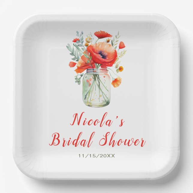 Red Poppies Mason Jar Bridal Shower Paper Plate (Front)