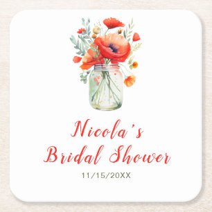 Red Poppies Mason Jar Bridal Shower Square Paper Coaster