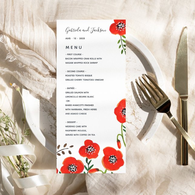 Red poppies modern floral wedding menu (Red poppies modern floral wedding menu)