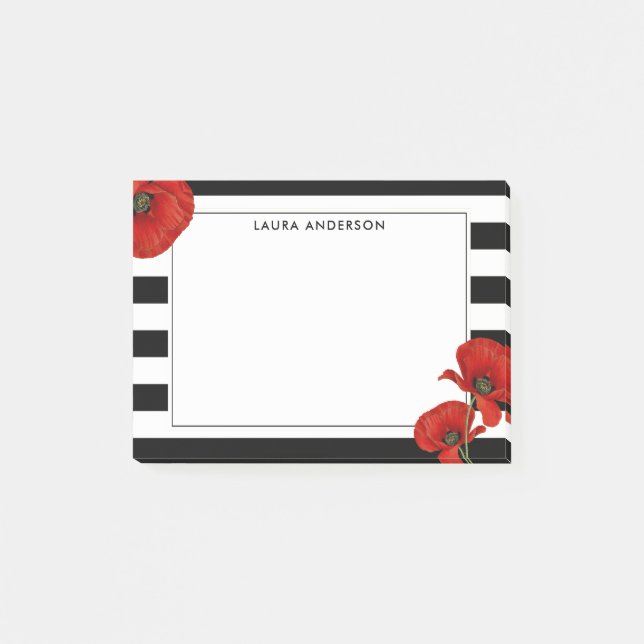 Red Poppies on Black and White Stripes Post-it Notes (Front)