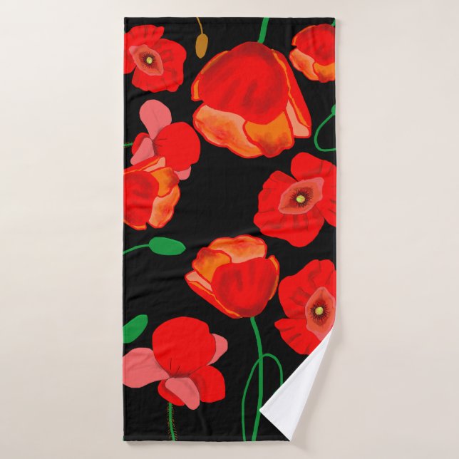 Red poppies on black background illustration  bath towel (Bath Towel)