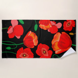 Red poppies on black background illustration  beach towel