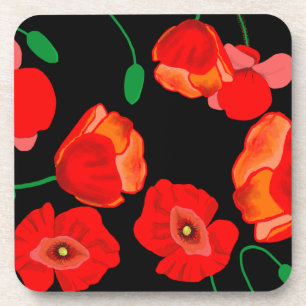 Red poppies on black background illustration coaster