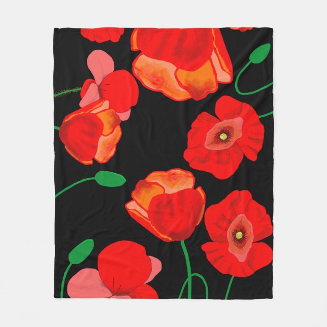 Red poppies on black background illustration  fleece blanket (Front)
