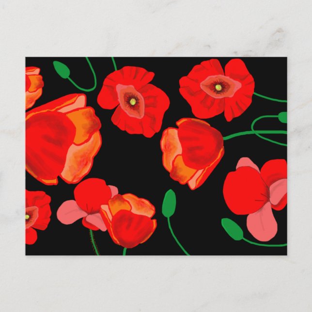Red poppies on black background illustration  holiday postcard (Front)