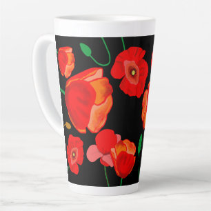 Red poppies on black background illustration  latte mug