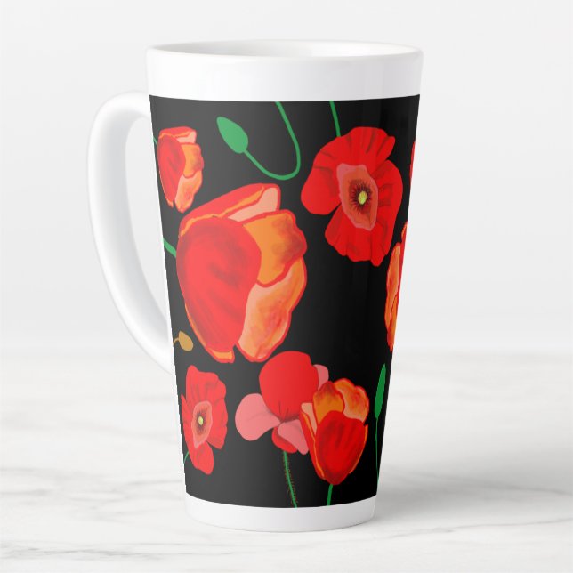 Red poppies on black background illustration  latte mug (Left Angle)