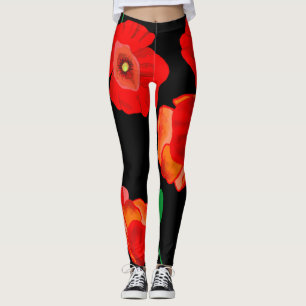 Red poppies on black background illustration  leggings