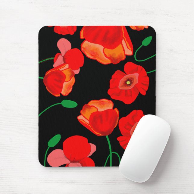 Red poppies on black background illustration   mouse pad (With Mouse)