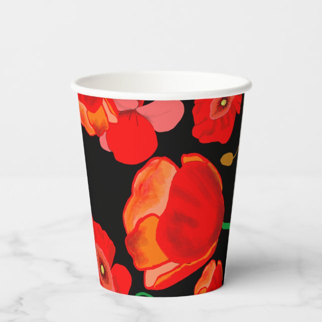 Red poppies on black background illustration  paper cups (Back)