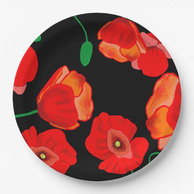 Red poppies on black background illustration  paper plate (Front)