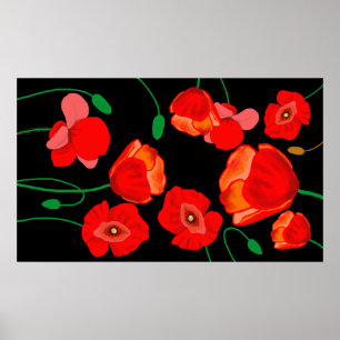Red poppies on black background illustration poster