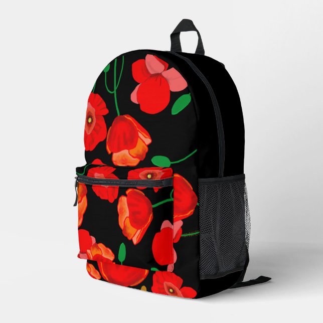Red poppies on black background illustration  printed backpack (Back Corner Right)